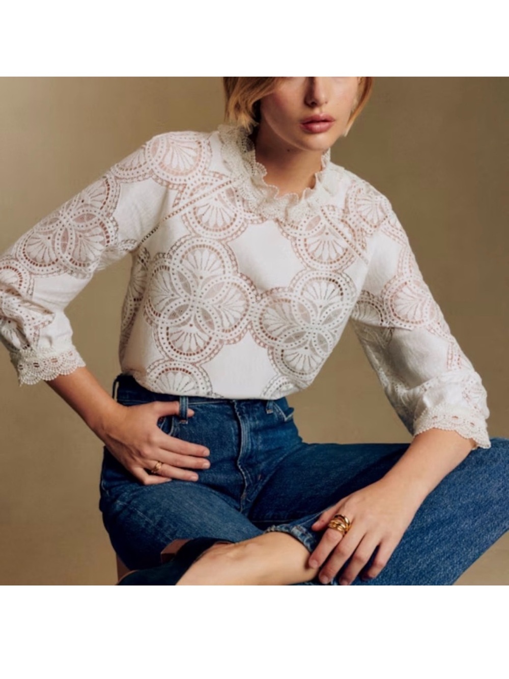 Sezane Women's Cream Lace Eyelet Long-Sleeve Top